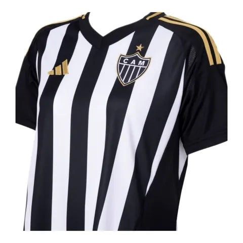 Camisa Atlético Mineiro I 25/26 - Torcedor Adidas Feminina - Preta com listras branca com detalhes em amarelo