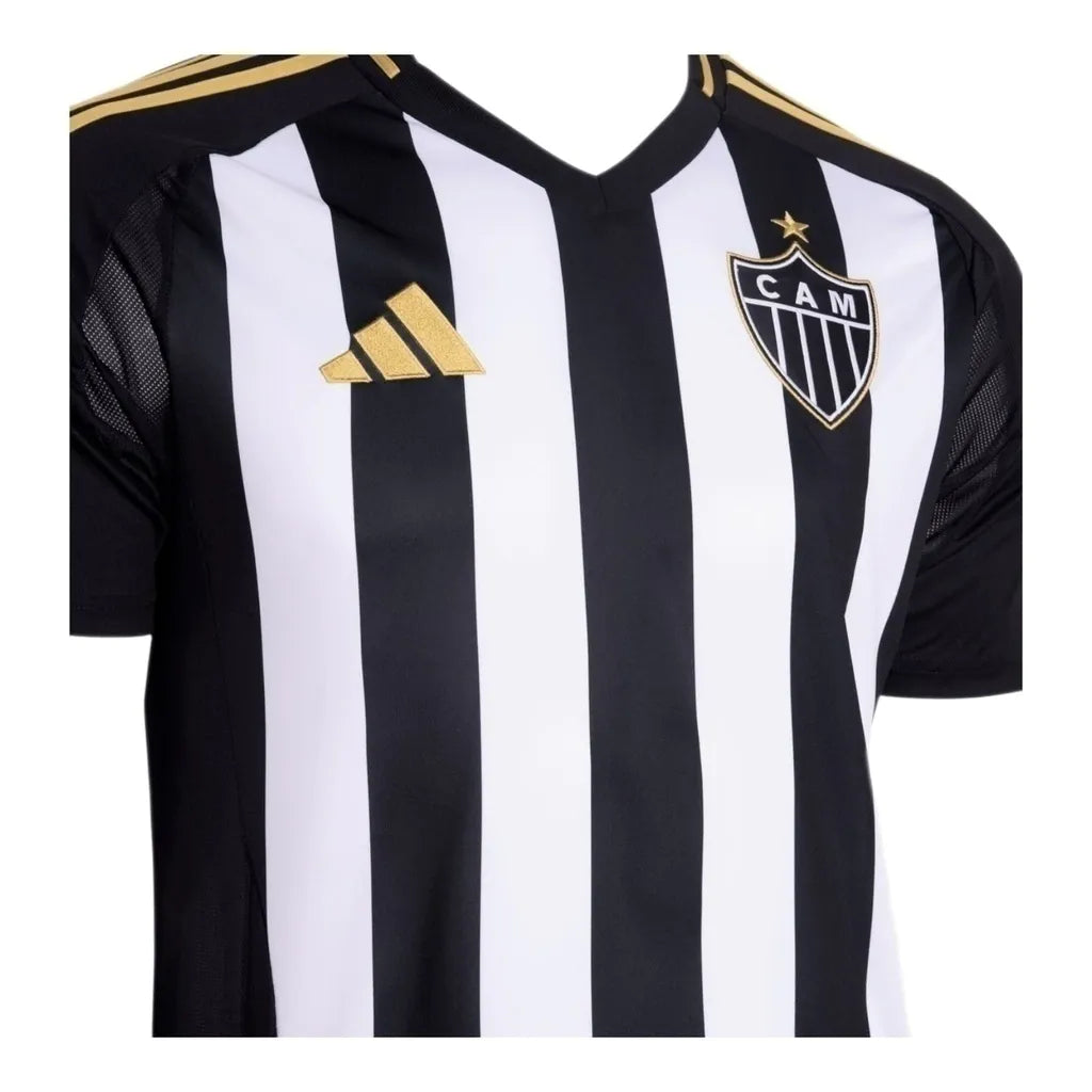 Camisa Atlético Mineiro I 25/26 - Torcedor Adidas Masculina - Preta com listras brancas com detalhes em amarelo e Com Patrocínio