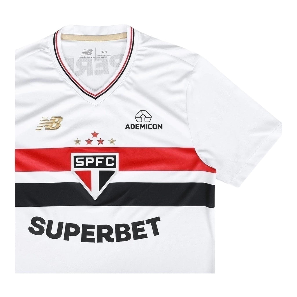 Camisa São Paulo I 25/26 - Torcedor New Balance Masculina - Branca com detalhes em vermelho e preto
