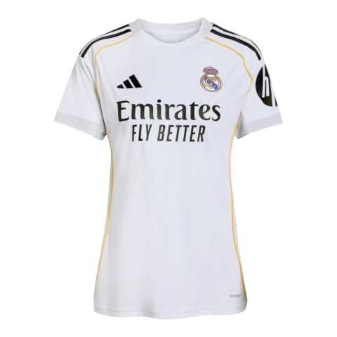 Camisa Real de Madrid I 25/26 - Torcedor Adidas Feminina - Branca com detalhes em cinza e amarelo