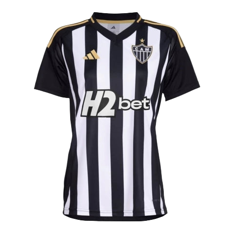 Camisa Atlético Mineiro I 25/26 - Torcedor Adidas Feminina - Preta com listras branca com detalhes em amarelo e Com Patrocínio