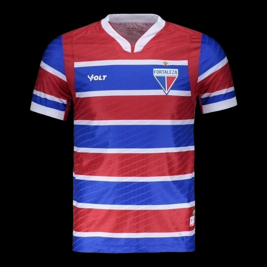 Camisa Fortaleza I 25/26 - Torcedor Volt Masculina - Azul e vermelha com listras em branco